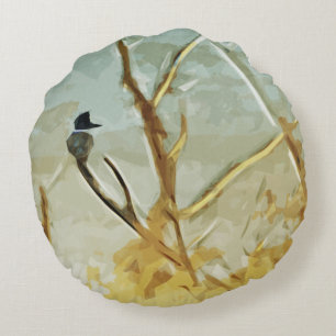 Belted Kingfisher at Rivers Edge Abstract Round Pillow