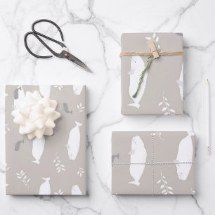 Beluga Baby Whale On Pastel Grey Illustration  Wrapping Paper Sheet