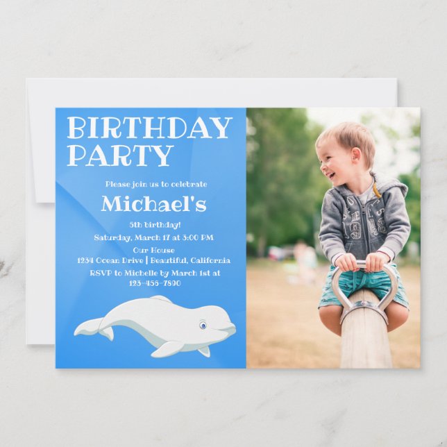 Beluga Whale Blue Arctic Ocean Photo Birthday  Invitation (Front)