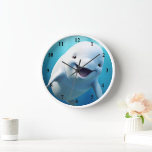 Beluga Whale Cartoon Blue Green Arctic Ocean Clock