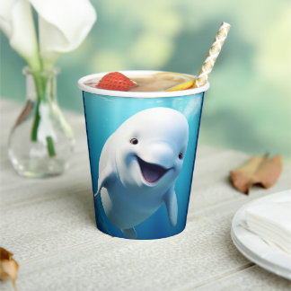 Beluga Whale Cartoon Blue Green Arctic Ocean Paper Cups