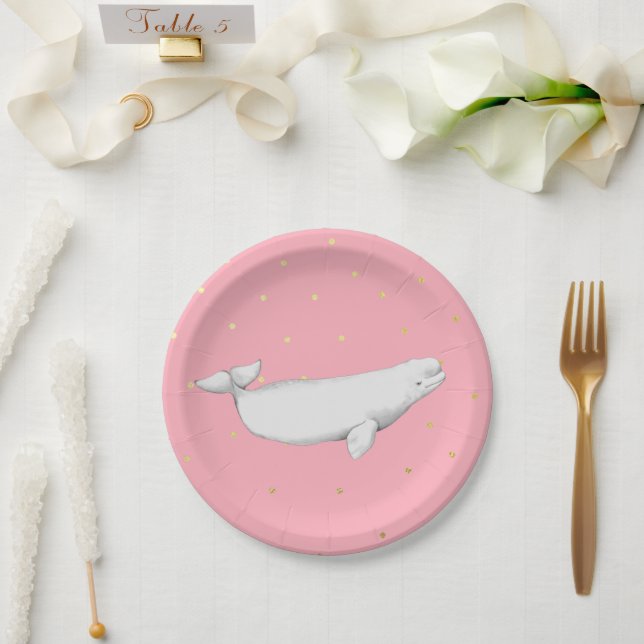 Beluga Whale Illustration Dots Pink Paper Plate (Wedding)