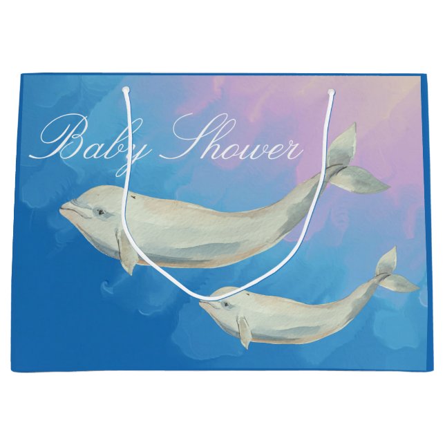 Beluga Whale Mom and Calf Baby Shower Large Gift Bag (Front)