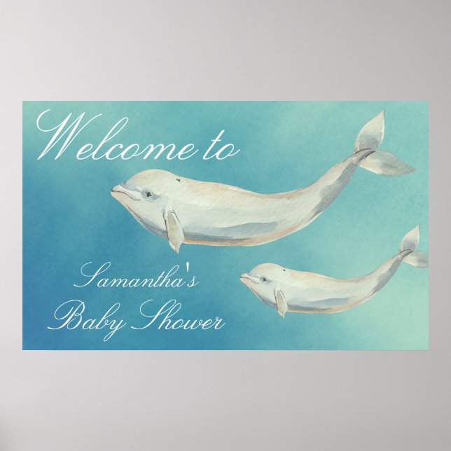 Beluga Whale Mom and Calf Baby Shower Welcome Poster (Front)