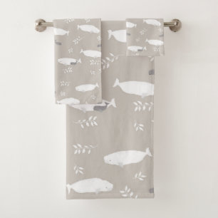 Beluga Whale On Pastel Grey Illustration Bath Towel Set