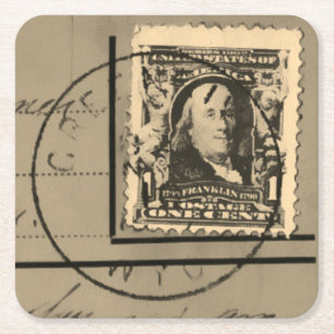 “Ben Franklin Cancelled” Postage Stamp Square Paper Coaster