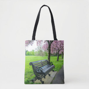 Bench and cherry blossom tote bag