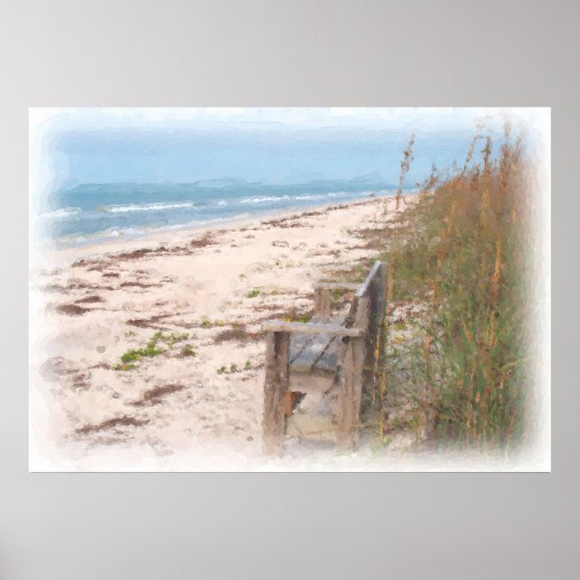 Bench at the Beach Watercolor Painting Poster (Front)