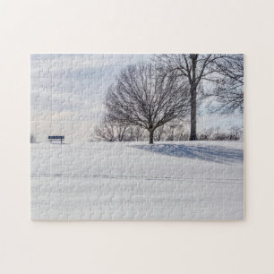 Bench On Snow Covered Hill Jigsaw Puzzle
