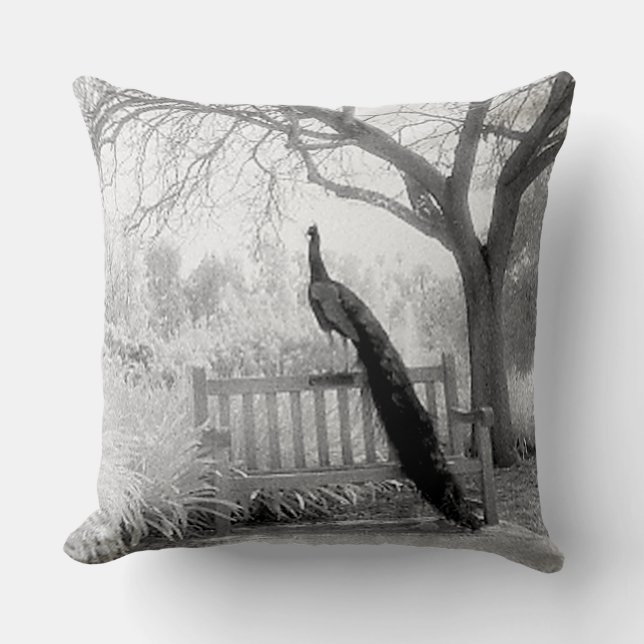 Bench Peacock Throw Pillow (Front)