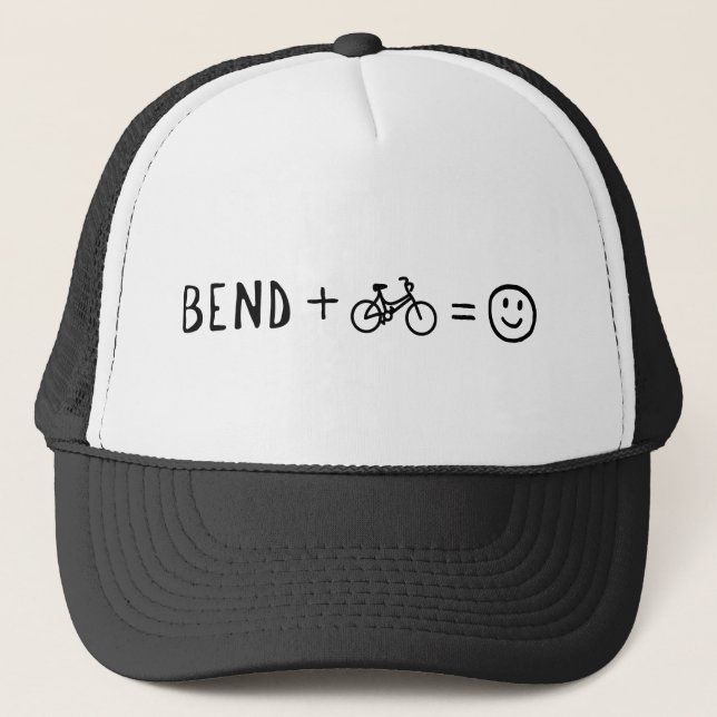 Bend Oregon Plus Bikes Makes You Happy Trucker Hat (Front)