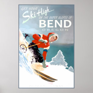 Bend Oregon Travel Poster Snow Ski Cascade Range