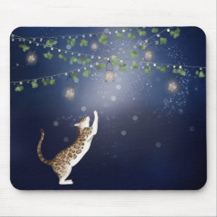 Bengal Cat and Fireflies and Lanterns Mouse Pad