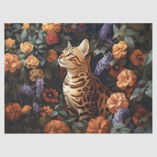 Bengal Cat Beautiful Flowers Decoupage Tissue Paper (Front)