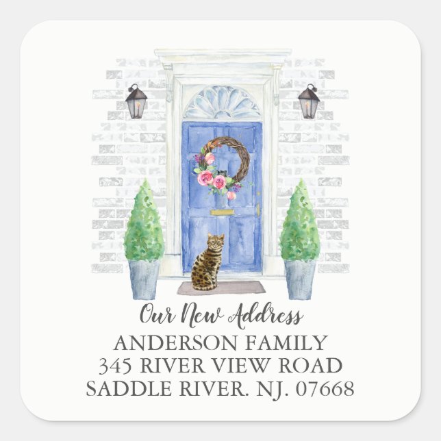 Bengal Cat Blue Door New Address Label Sticker (Front)