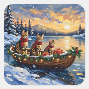 Bengal Cat Christmas Boat Holiday Square Sticker