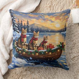 Bengal Cat Christmas Boat Holiday Throw Pillow