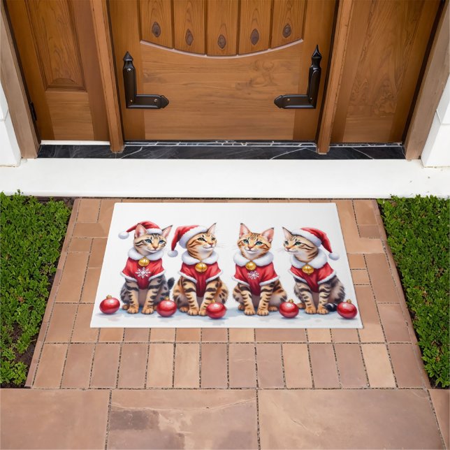 Bengal Cat Christmas Dress Santa Hat Doormat (Outdoor)
