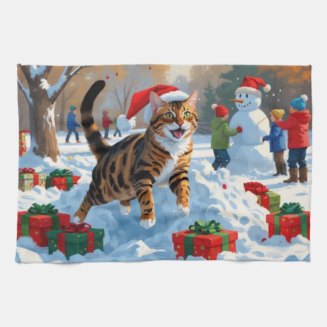 Bengal Cat Christmas Festive Snow Scene Kitchen Towel (Horizontal)