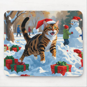 Bengal Cat Christmas Festive Snow Scene Mouse Pad