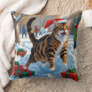 Bengal Cat Christmas Festive Snow Scene Throw Pillow