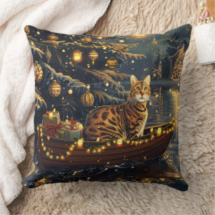 Bengal Cat Christmas Festive Voyage Throw Pillow