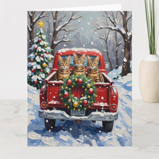 Bengal Cat Christmas Red Truck Holiday Card (Front)