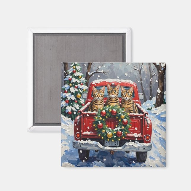 Bengal Cat Christmas Red Truck Holiday Magnet (Front/Back)