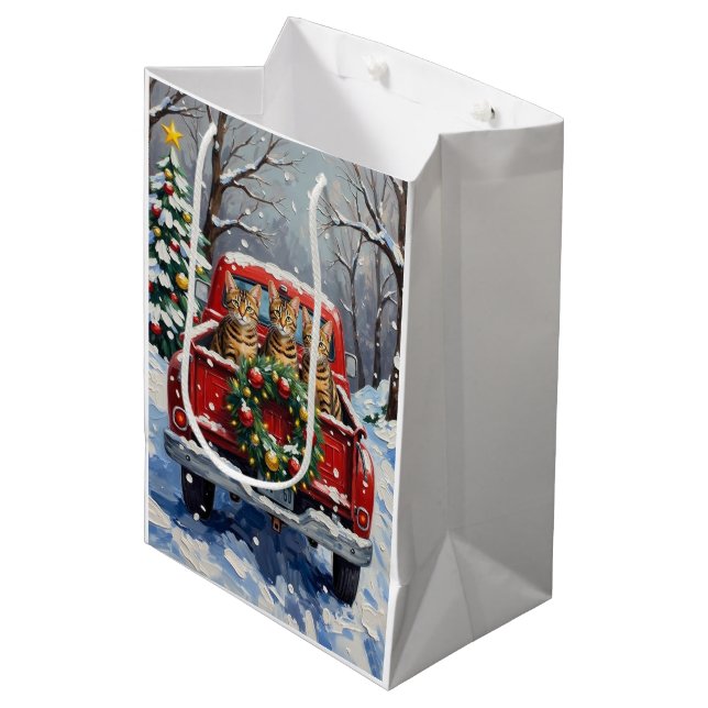 Bengal Cat Christmas Red Truck Holiday Medium Gift Bag (Front Angled)