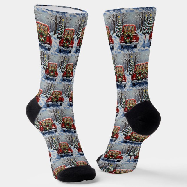 Bengal Cat Christmas Red Truck Holiday Socks (Angled)
