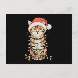 Bengal Cat Christmas Tree Lights Santa Hat Xmas Holiday Postcard