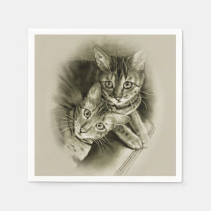 Bengal Cat Couple, Original Pencil Drawing Napkin