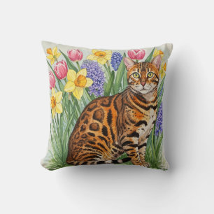 Bengal Cat Daffodils, Tulips, Hyacinths Pillow