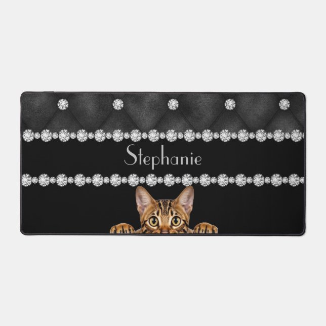 Bengal Cat Diamonds On Black Desk Mat (Front)