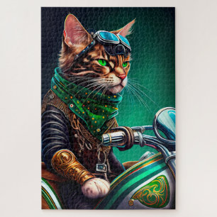 Bengal Cat driving bike St. Patrick's Day Jigsaw Puzzle