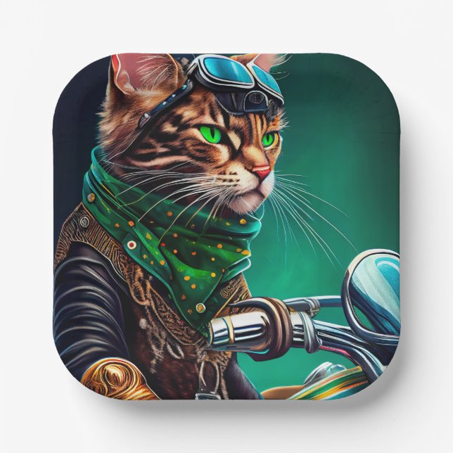 Bengal Cat driving bike St. Patrick's Day Paper Plate (Front)