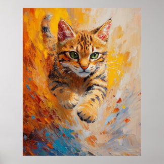 Bengal Cat, Feline Flight in a Forest of Fire Poster