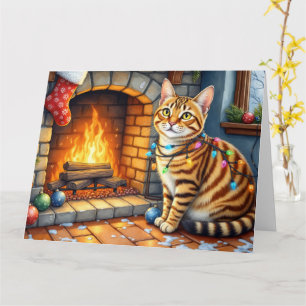 Bengal Cat Fireplace with Christmas Lights Card
