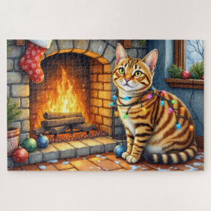 Bengal Cat Fireplace with Christmas Lights Jigsaw Puzzle