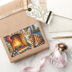 Bengal Cat Fireplace with Christmas Lights Sticker