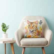 Bengal Cat Floral Design Pillow