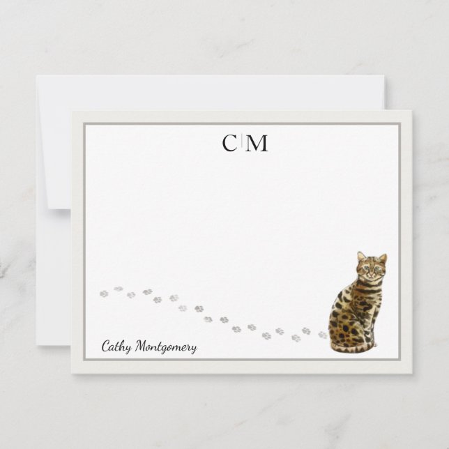 Bengal Cat Grey Border Monogram and Name Flat Card (Front)