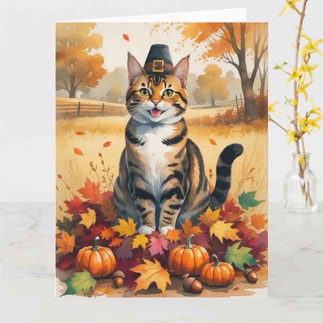 Bengal Cat in Autumn Leaves Thanksgiving Art Card (Yellow Flower)