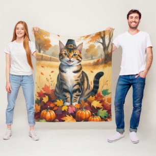 Bengal Cat in Autumn Leaves Thanksgiving Art Fleece Blanket