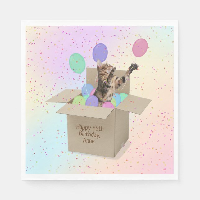 Bengal cat in box with birthday balloons napkin (Front)