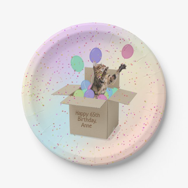 Bengal cat in cardboard box with balloons paper plate (Front)