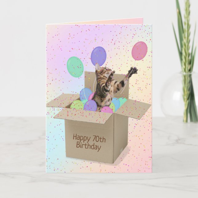 Bengal cat in carton box 70th birthday card (Front)