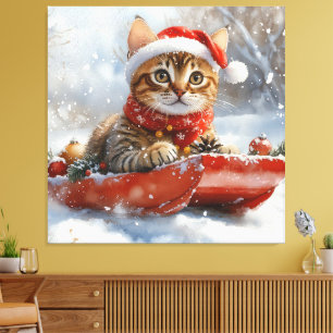 Bengal Cat in Sledge Let it Snow Christmas Canvas Print