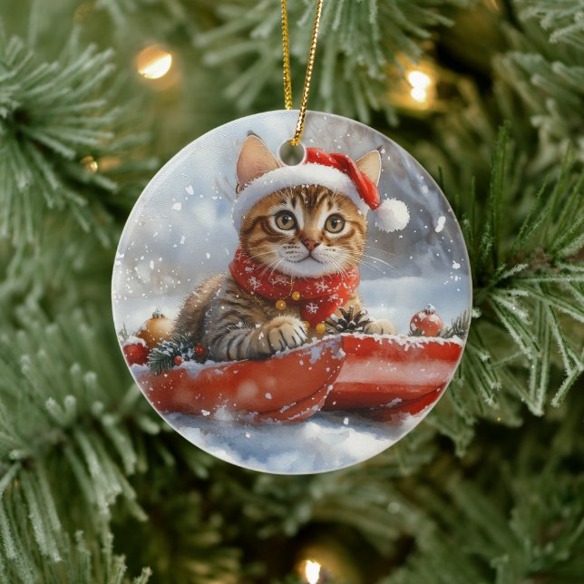 Bengal Cat in Sledge Let it Snow Christmas Ceramic Ornament (Tree)