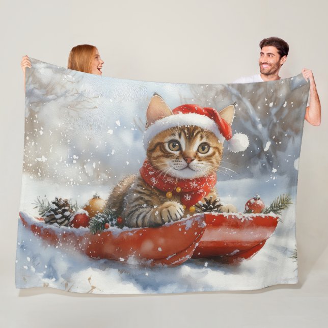 Bengal Cat in Sledge Let it Snow Christmas Fleece Blanket (In Situ)